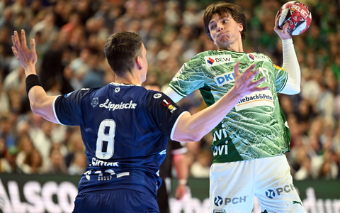 Füchse-Nationalspieler Nils Lichtlein setzt zum Wurf gegen Lemgos Frederik Simak an - Foto: Federico Gambarini/dpa