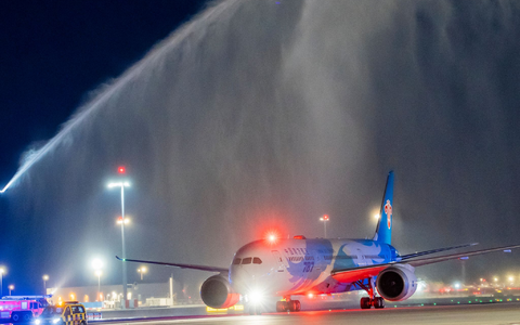 Die erste Maschine wurde mit Wasserfontänen der Flughafenfeuerwehr begrüßt. - Foto: Andreas Arnold/dpa
