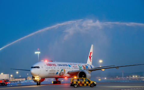Auch die zweite Maschine bekam zur Begrüßung Wasserfontänen. - Foto: Andreas Arnold/dpa