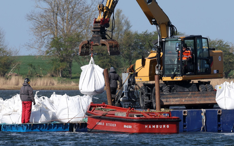 Eine Barriere aus großen Sandsäcken soll das Walverhalten beeinflussen. - Foto: Bernd Wüstneck/dpa