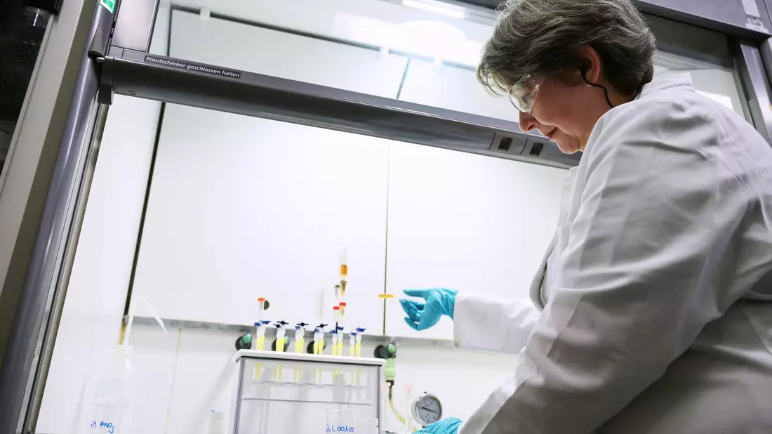 Eva Kabai, Leiterin des Radioökologie-Labors, befüllt eine Vakuumbox mit einer Salatprobe, um die Strahlenbelastung zu messen. - Bild: Malin Wunderlich/dpa