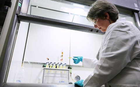 Eva Kabai, Leiterin des Radioökologie-Labors, befüllt eine Vakuumbox mit einer Salatprobe, um die Strahlenbelastung zu messen. - Foto: Malin Wunderlich/dpa