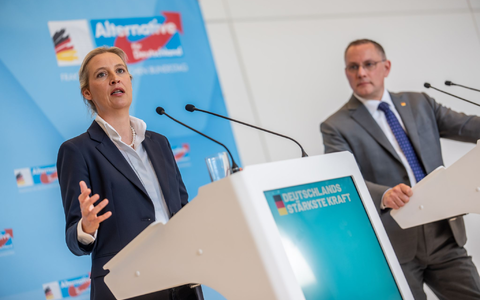 Die AfD von Alice Weidel und Tino Chrupalla hat in jüngsten Umfragen klar die Nase vorn. (Archivbild) - Foto: Michael Kappeler/dpa