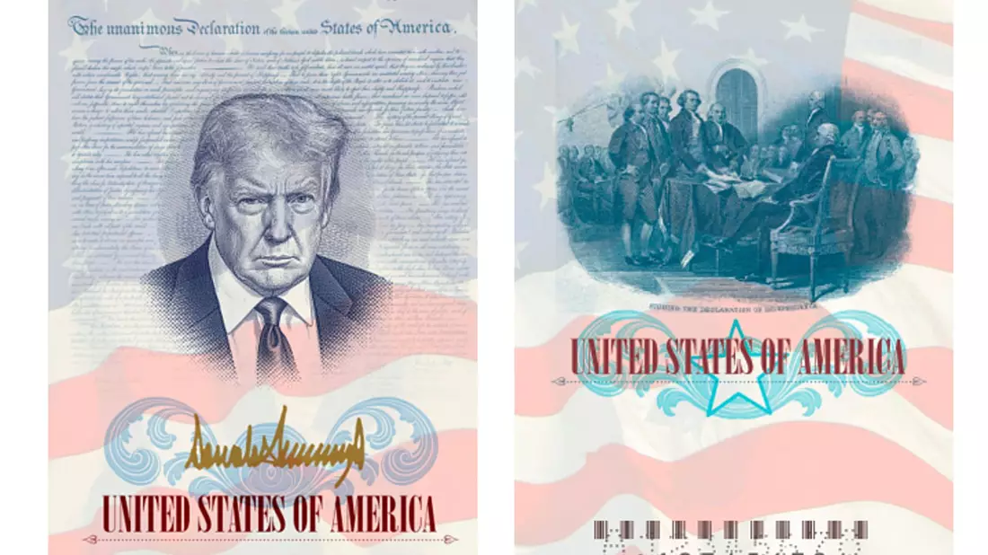 Donald Trump im Pass: Das Abbild des US-Präsidenten wird auf der Innenseite einer Sonderausgabe der amerikanischen Reisedokumente zu sehen sein. - Bild: Uncredited/State Department/AP/dpa