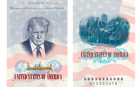 Donald Trump im Pass: Das Abbild des US-Präsidenten wird auf der Innenseite einer Sonderausgabe der amerikanischen Reisedokumente zu sehen sein. - Foto: Uncredited/State Department/AP/dpa