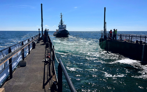 Dieses von der Rettungsinitiative zur Verfügung gestellte Foto zeigt den Schlepper hinter einem gefluteten Lastschiff mit dem Buckelwal in der Ostsee.  - Foto: Jens Schwarck/Rettungsinitiative/dpa