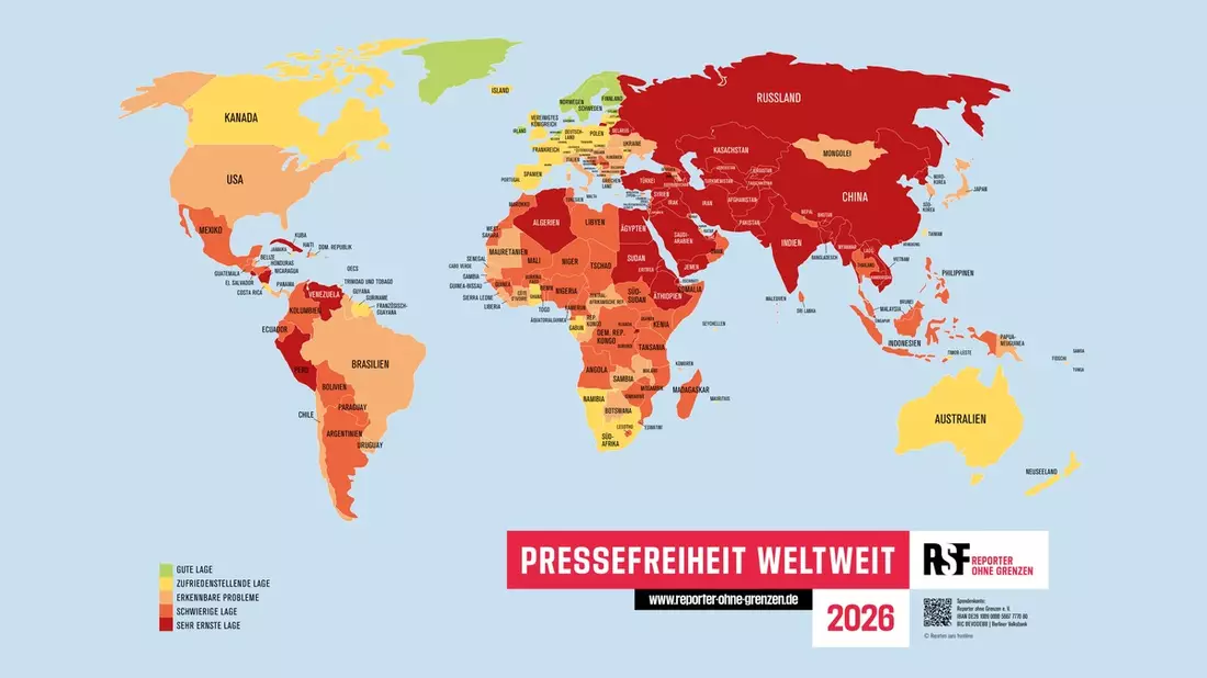 Nur noch ein Prozent der Weltbevölkerung lebt in Ländern mit guter Pressefreiheit: Reporter ohne Grenzen veröffentlicht Rangliste der Pressefreiheit 2026 - Bild: presseportal.de