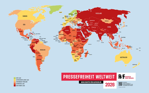 Nur noch ein Prozent der Weltbevölkerung lebt in Ländern mit guter Pressefreiheit: Reporter ohne Grenzen veröffentlicht Rangliste der Pressefreiheit 2026 - Foto: presseportal.de