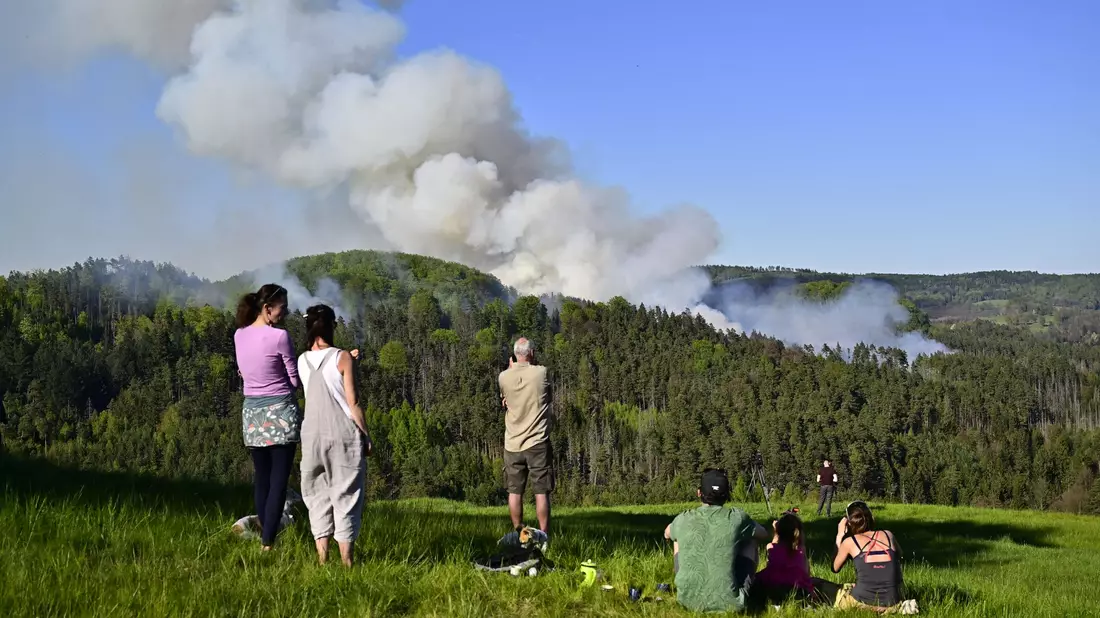 Rauch steigt aus einem Waldgebiet im Nationalpark Böhmische Schweiz auf. - Bild: Hájek Ondøej/CTK/dpa