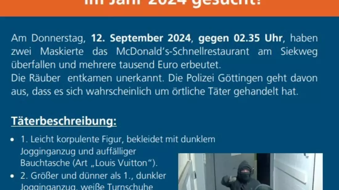 POL-GÖ: (129/2026) Ermittlungen nach Überfall auf Schnellrestaurant in Göttingen-Grone im September 2024 gehen weiter - Polizei geht inzwischen von örtlichen Tätern aus - Bild: presseportal.de