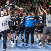 Die Füchse Berlin feierten ausgelassen den Halbfinal-Einzug. - Foto: Andreas Gora/dpa