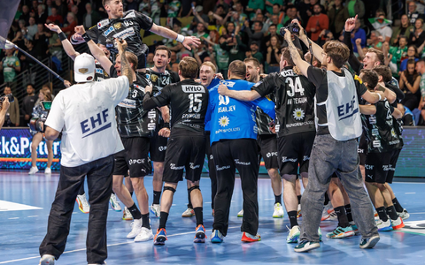 Die Füchse Berlin feierten ausgelassen den Halbfinal-Einzug. - Foto: Andreas Gora/dpa