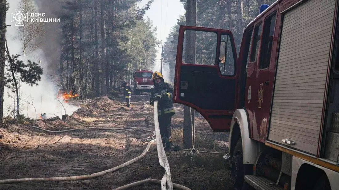Ukrainische Feuerwehrleute löschen einen durch russischen Beschuss ausgelösten Waldbrand.. - Bild: -/Ukrainian Emergency Service/AP/dpa