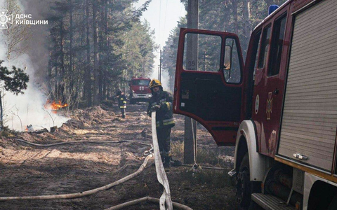 Ukrainische Feuerwehrleute löschen einen durch russischen Beschuss ausgelösten Waldbrand.. - Foto: -/Ukrainian Emergency Service/AP/dpa