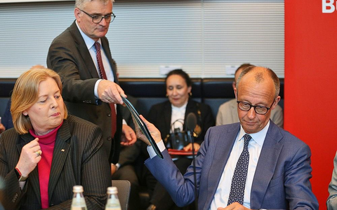Bärbel Bas, Stefan Kornelius, Friedrich Merz am 19.05.2026 - Foto: via dts Nachrichtenagentur