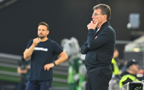 Wolfsburgs Trainer Dieter Hecking (r) und sein Paderborner Kollege Ralf Kettemann.  - Foto: Swen Pförtner/dpa