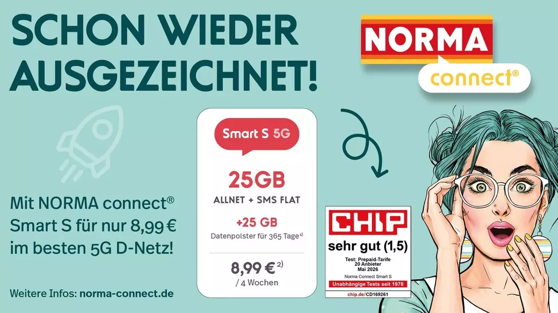 Sehr gut im großen CHIP-Test: NORMA Connect Smart S punktet erneut mit Top-Platzierung / Riesiges Datenvolumen, modernes Netz und volle Kostenkontrolle - Bild: presseportal.de