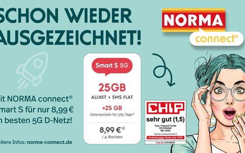 Sehr gut im großen CHIP-Test: NORMA Connect Smart S punktet erneut mit Top-Platzierung / Riesiges Datenvolumen, modernes Netz und volle Kostenkontrolle - Foto: presseportal.de