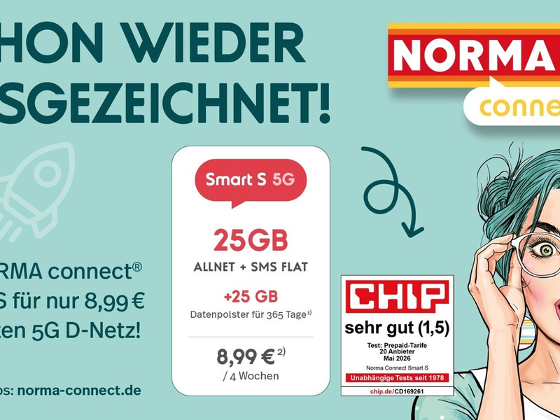 Sehr gut im großen CHIP-Test: NORMA Connect Smart S punktet erneut mit Top-Platzierung / Riesiges Datenvolumen, modernes Netz und volle Kostenkontrolle - Foto: presseportal.de