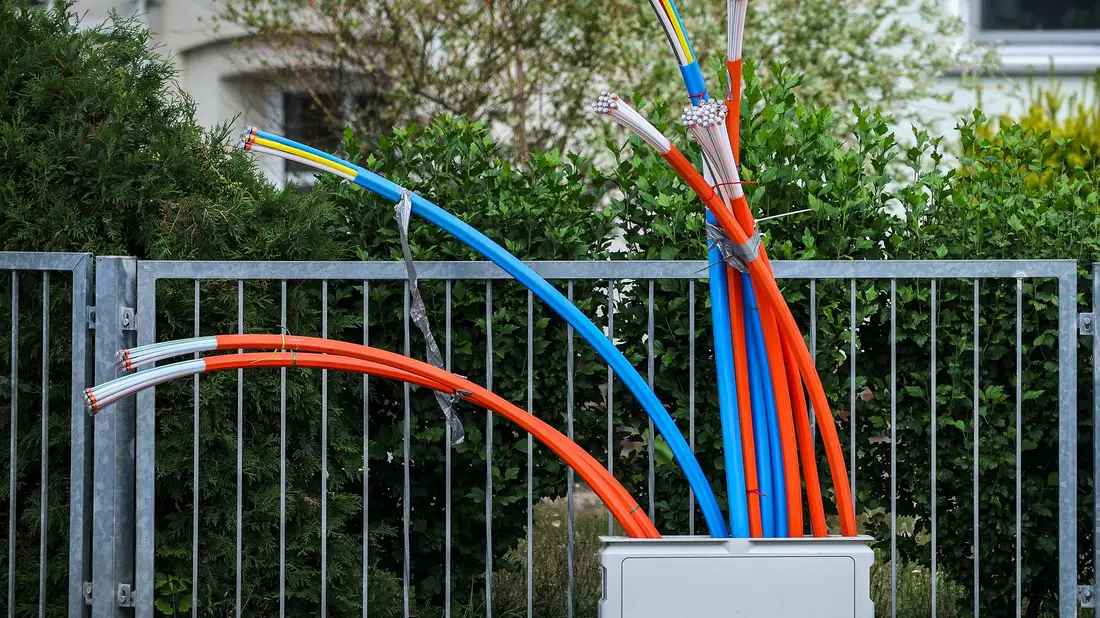 Glasfaser-Kabel an einem Schaltschrank. - Bild: Jan Woitas/dpa