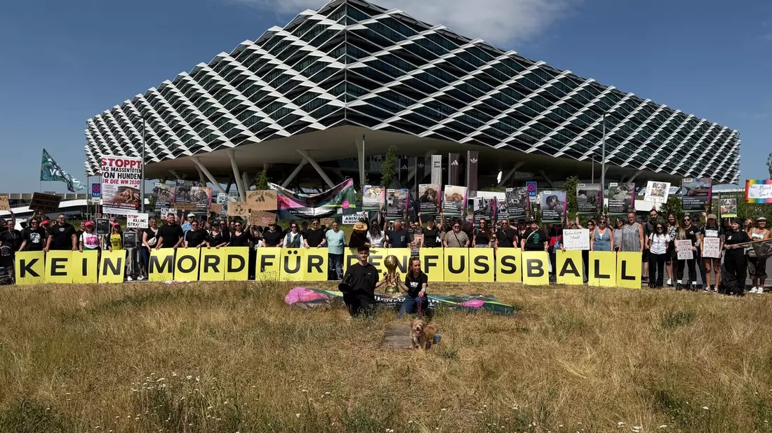 Großdemonstration: 200 Menschen protestieren gemeinsam mit VETO Tierschutz und Nathan Goldblat in Herzogenaurach gegen Massentötungen von Hunden für die WM 2030 in Marokko - Bild: presseportal.de