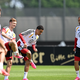 Joshua Kimmich, Jamal Musiala und Leroy Sané (v.l.n.r.) im Abschlusstraining der Nationalmannschaft - Foto: Federico Gambarini/dpa