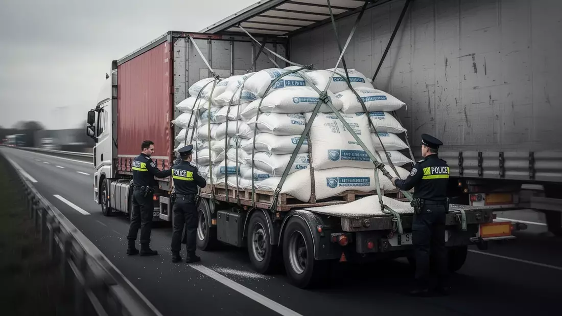 Ladungssicherung: Lkw mit 23 Tonnen kaum gesichert auf A5 - Bild: über boerse-global.de