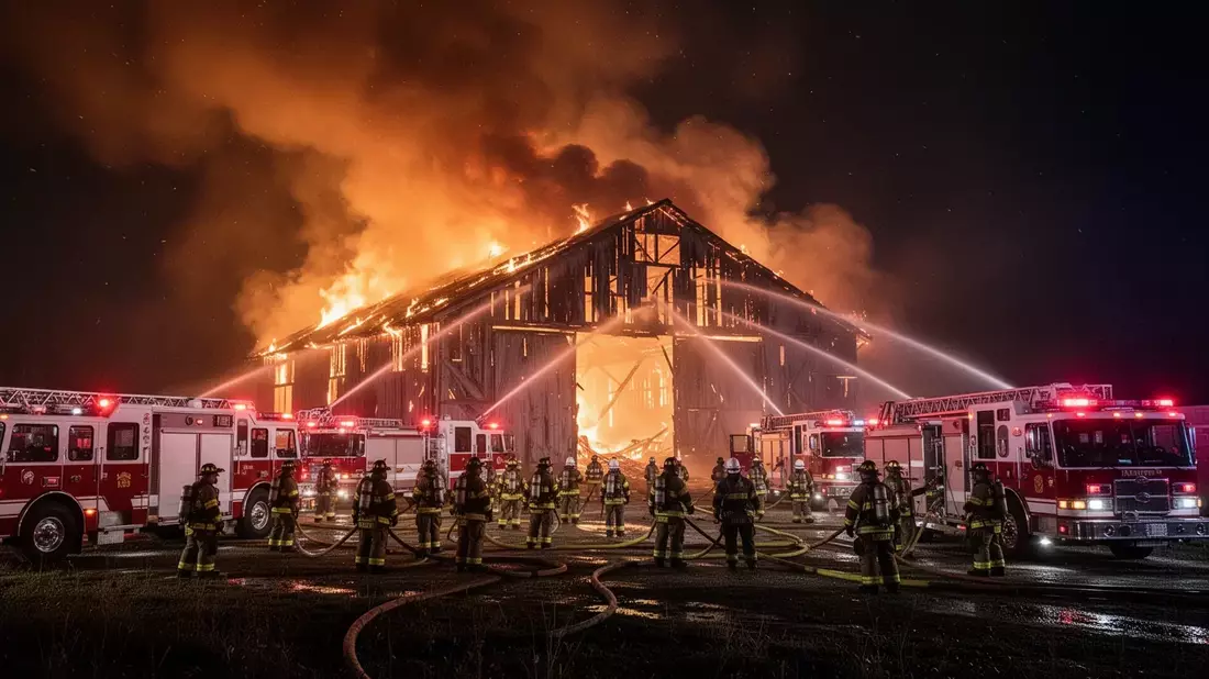 Großbrand-Serie: 200 Einsatzkräfte kämpfen, 60 Rinder sterben Illustration mit AI erstellt übermittelt durch boerse-global.de