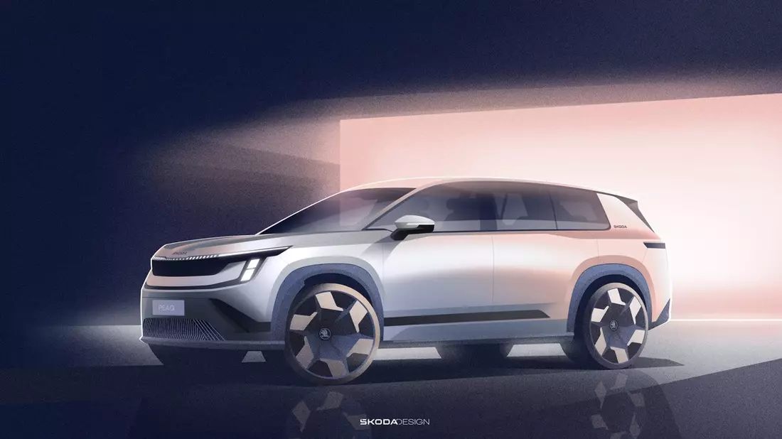 Škoda präsentiert Exterieurskizzen seines neuen elektrischen Siebensitzers Peaq - Bild: presseportal.de
