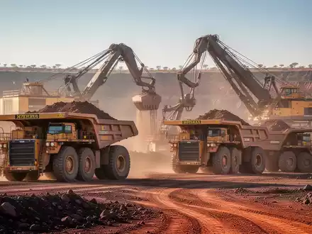 Schwere Bergbaumaschinen in einem Diamanten-Tagebau in Botswana, mit großen Lastwagen und Baggern unter klarem Himmel. - Foto: über boerse-global.de