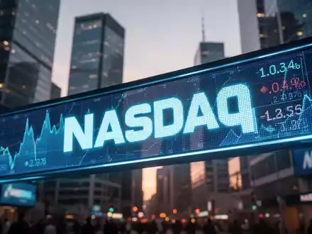 Ein stilisierter, blau leuchtender Nasdaq-Ticker mit abstrakten Daten vor einer Kulisse moderner Finanzgebäude in der Dämmerung. - Foto: über boerse-global.de