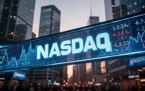 Ein stilisierter, blau leuchtender Nasdaq-Ticker mit abstrakten Daten vor einer Kulisse moderner Finanzgebäude in der Dämmerung. - Foto: über boerse-global.de