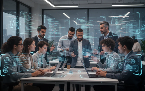 Students and professionals interacting with digital interfaces, symbolizing AI literacy and digital transformation in education. - Foto: über boerse-global.de