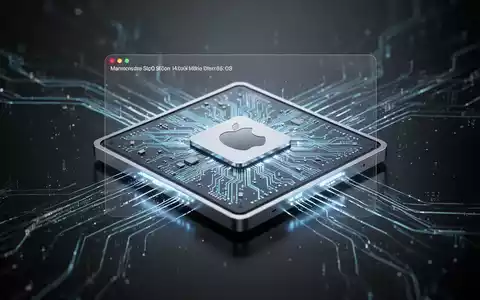 A glowing Apple Silicon chip with integrated circuits, overlaid with a subtle macOS UI element, on a dark, reflective surface. - Foto: über boerse-global.de