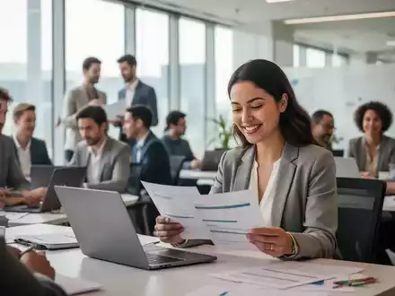 Eine Gruppe von Mitarbeitern in einem modernen Büro. Eine Frau lächelt, während sie Dokumente überprüft, um Teilzeitarbeit darzustellen. - Foto: über boerse-global.de
