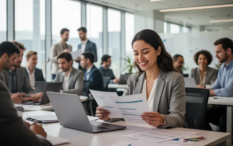 Eine Gruppe von Mitarbeitern in einem modernen Büro. Eine Frau lächelt, während sie Dokumente überprüft, um Teilzeitarbeit darzustellen. - Bild: über boerse-global.de