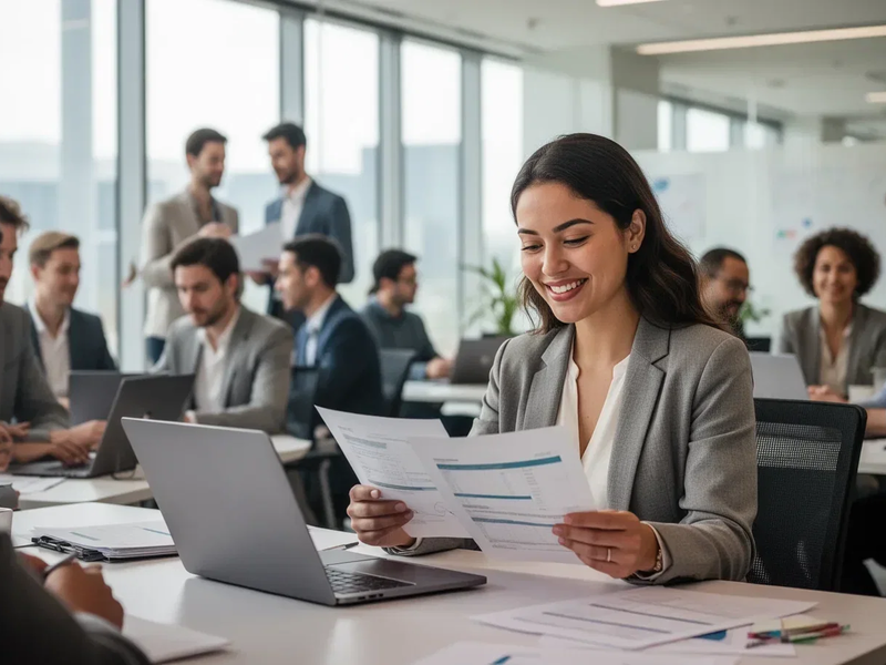 Eine Gruppe von Mitarbeitern in einem modernen Büro. Eine Frau lächelt, während sie Dokumente überprüft, um Teilzeitarbeit darzustellen. - Foto: über boerse-global.de
