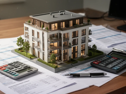 A miniature model of a German apartment building on a desk, surrounded by financial documents, a calculator, and a pen, symbolizing real estate tax optimization. - Foto: über boerse-global.de