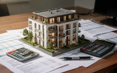 A miniature model of a German apartment building on a desk, surrounded by financial documents, a calculator, and a pen, symbolizing real estate tax optimization. - Foto: über boerse-global.de