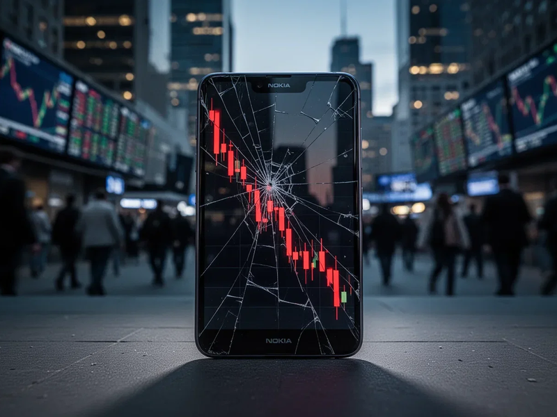 Ein Nokia-Smartphone mit gesprungenem Bildschirm, das einen roten Abwärtstrend anzeigt, vor dem Hintergrund eines Finanzviertels. - Foto: über boerse-global.de