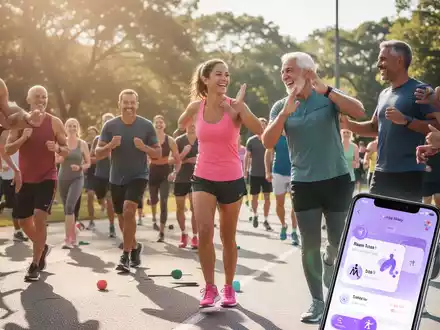 Eine vielfältige Gruppe von Menschen jeden Alters nimmt an einem Outdoor-Fitness-Event teil, einige gehen, andere machen Übungen. - Foto: über boerse-global.de