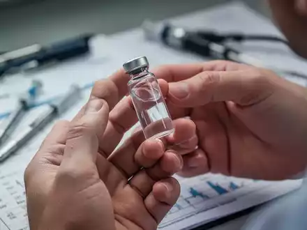 A close-up of a hand holding a small glass vial, with medical instruments and a chart blurred in the background. - Foto: über boerse-global.de