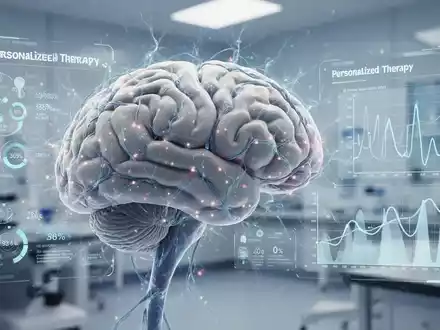 Nahaufnahme eines Gehirns mit leuchtenden neuronalen Pfaden und einer digitalen Benutzeroberfläche, die personalisierte Therapiedaten anzeigt. - Foto: über boerse-global.de