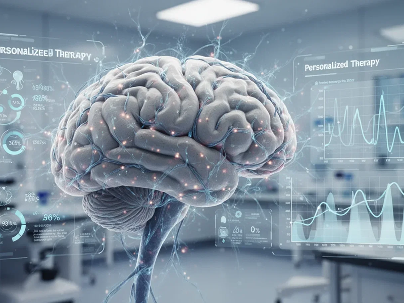 Nahaufnahme eines Gehirns mit leuchtenden neuronalen Pfaden und einer digitalen Benutzeroberfläche, die personalisierte Therapiedaten anzeigt. - Foto: über boerse-global.de
