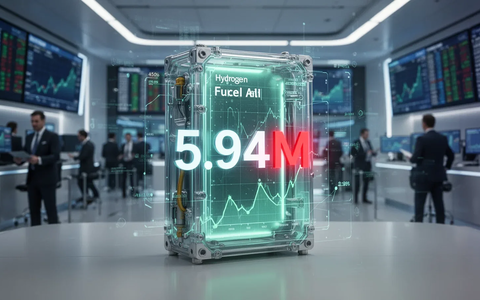 Eine prominente Wasserstoff-Brennstoffzelle mit einer digitalen Anzeige von '5.94M' Aktien auf einem modernen Finanzhandelsplatz. - Foto: über boerse-global.de
