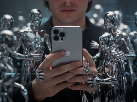 A person using an iPhone, with blurry, chrome-colored figures in the background representing data trackers, emphasizing privacy. - Foto: über boerse-global.de