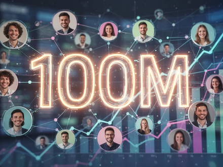 Ein stilisiertes, leuchtendes '100M' über einer abstrakten Darstellung vernetzter Online-Communities, die Wachstum symbolisieren. - Foto: über boerse-global.de