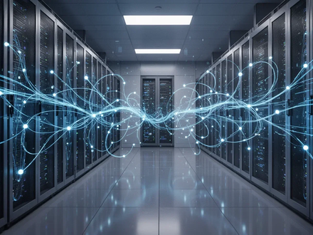 Ein hochmoderner Serverraum mit blauen Datenströmen und digitalen Verbindungen, der Technologie und Datenverarbeitung darstellt. - Foto: über boerse-global.de