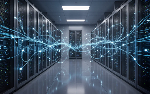 Ein hochmoderner Serverraum mit blauen Datenströmen und digitalen Verbindungen, der Technologie und Datenverarbeitung darstellt. - Foto: über boerse-global.de