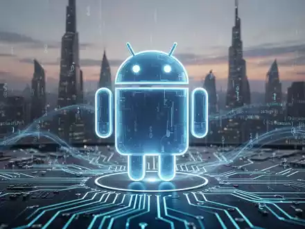 A glowing blue Android robot icon on a circuit board with digital code, representing operating system updates and technology. - Foto: über boerse-global.de